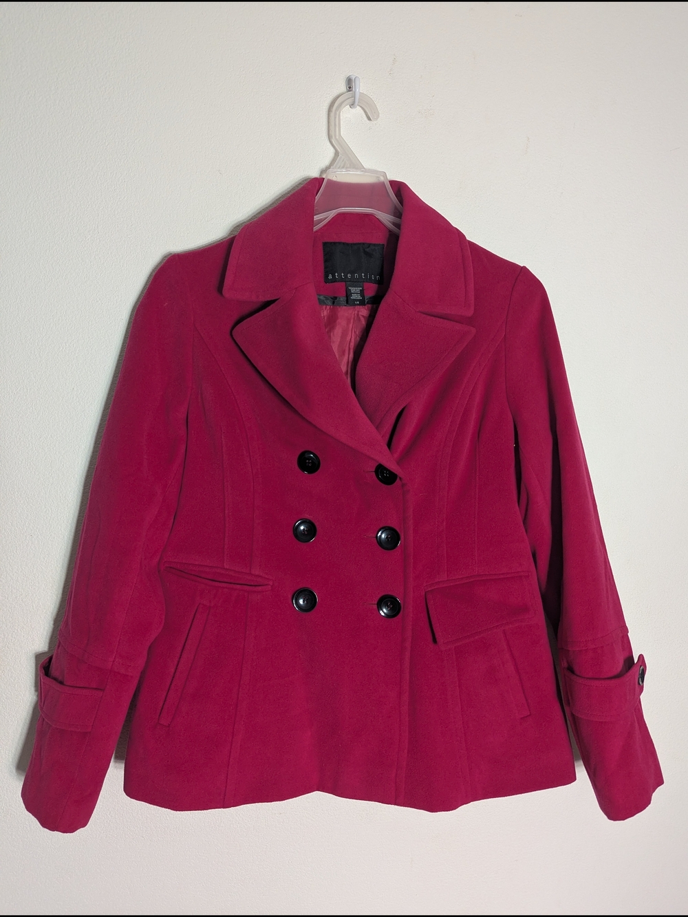 Womens Hot Pink Pea Coat Double Breasted Barbie Fuchia Winter Cold Weather Large